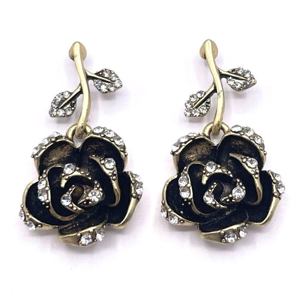 Yellow Gold with Black Oil Drip and Crystal Roses Flower Post Back Earrings